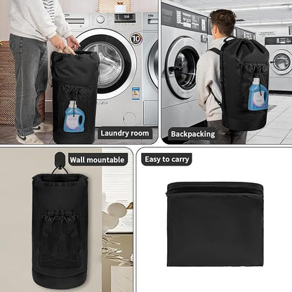 Laundry Bag Backpack with Shoulder Straps and Mesh Pocket Foldable Clothes Hamper Bag with Drawstring Closure for College, Apartment, Laundromat (Black)