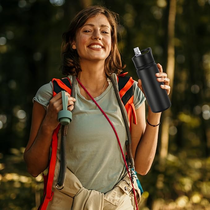 16 oz Insulated Water Bottle with Straw Lids, Stainless Steel Kids Water Bottles for School, Double Wall Vacuum Metal Water Bottle with Straw & Wide Mouth Lid, Black 4 Pack