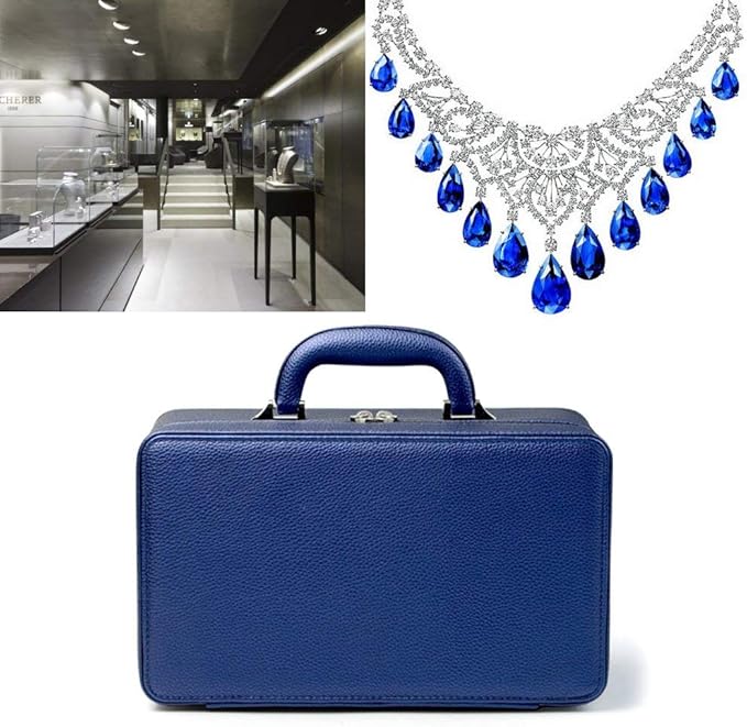 Oirlv Blue Leather Jewelry Box Handmade Travel Jewelry Organizer Storage Case Holder For Girl Lady Earring,Ring,Necklace,Pendant,Watch,Bracelet.(3 layers)