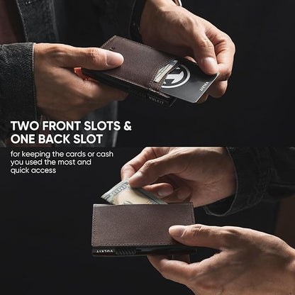 VULKIT Men's Slim Wallet Pop Up Card Holder RFID Blocking Metal Wallet Minimalist Design Holds Up to 11 Cards, Nappa Leather