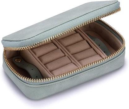HISCOW Vegan Leather Travel Jewelry Case with Zipper - Portable Necklace & Earring Holder Organizer for Women Girls, Velvet-Lined Ring Box with Anti-Tarnish Design, Light Green