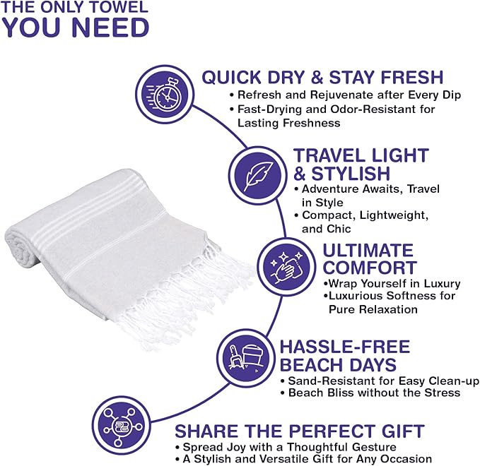 Turkish Beach Towels, Pack of 2 | Oversized, Quick Dry, Sand Free | 100% Cotton, Large 38x71 Towels for Beach, Pool, Travel | Ultra-Soft, Compact, and Absorbent | Light Gray