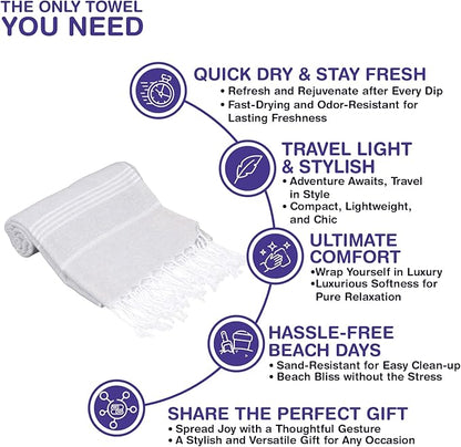 Turkish Beach Towels, Pack of 2 | Oversized, Quick Dry, Sand Free | 100% Cotton, Large 38x71 Towels for Beach, Pool, Travel | Ultra-Soft, Compact, and Absorbent | Light Gray