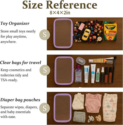 4 pcs Clear Zipper Pouches,Hard Shell Zipper Case, Toiletry Bag for Travel, CLear Diaper Bag, Toiletry Pouch, Travel Organizer, Clear Cosmetic Bag,Toy Storage Bins (M+3S) (Lavender)