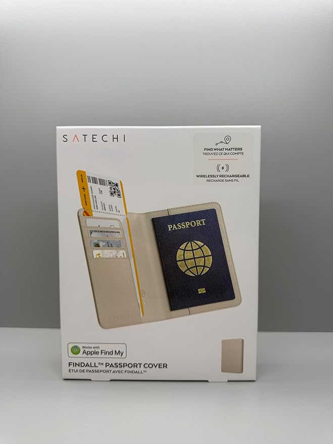 Satechi Passport Holder for Travel with Find My, Passport Cover with 4 Card Holder, Wireless Charging, and RFID protection – Travel Essential Vegan Leather Passport– Sand