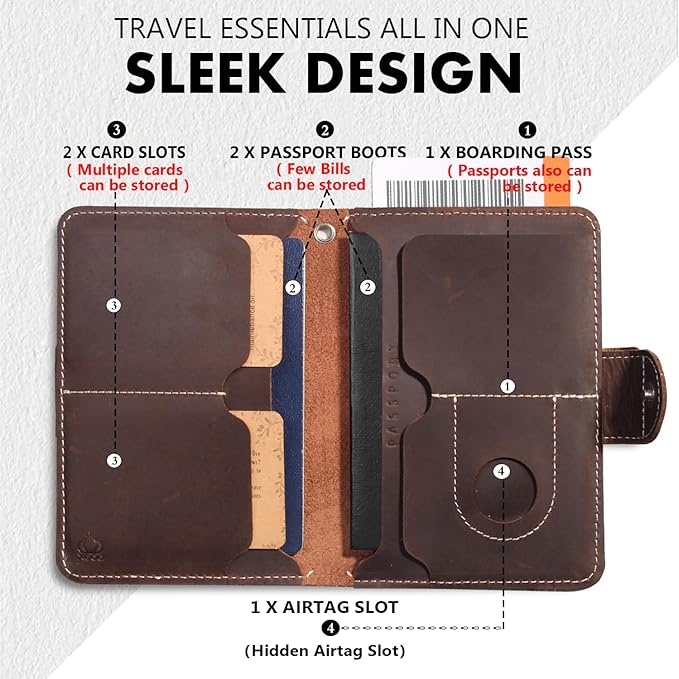 RFID Passport Holder for Travel with Airtag Slot(Hidden) - Genuine Leather Passport Wallet for 2 Passports, Large Capacity Passport Cover for Men & Women, Family & Couples, Christmas Gift