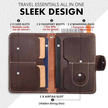 RFID Passport Holder for Travel with Airtag Slot(Hidden) - Genuine Leather Passport Wallet for 2 Passports, Large Capacity Passport Cover for Men & Women, Family & Couples, Christmas Gift