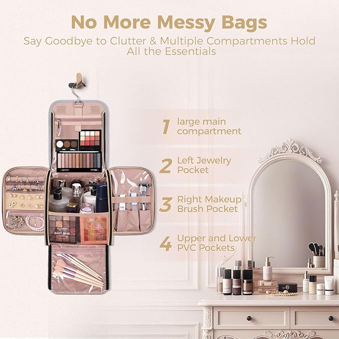 Hanging Toiletry Bag & Makeup Bag for Women with Jewelry Organizer - TSA Approved Large Capacity Travel Cosmetic Organizer, Waterproof Shower Essentials Case with Transparent Pockets
