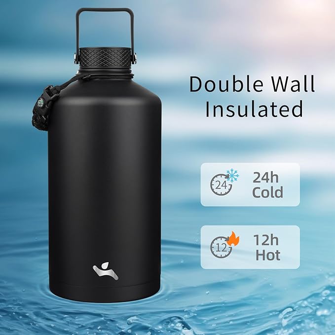 Gallon Insulated Water Bottle with Straw,128 oz 3 Lids Water Jug with Carrying Bag,Paracord Handle, Double Wall Vacuum Stainless Steel Metal Flask,Black