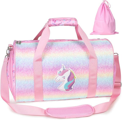 Bagseri Dance Bag for Girls - Ballet Tote with Shoes Compartment, Kids Duffle Bag for Overnight Travel with Dry Wet Separation Pockets（Glitter Unicorn, Pink）