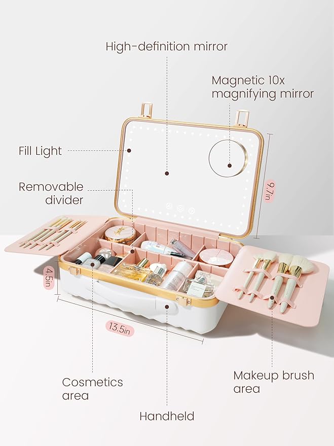 ROWNYEON Portable Travel Makeup Case With Light Up Mirror & Removable Divider - Train Case Organizer for Girls & Makeup Artist, Hairstylist - 10x Mirror (White)