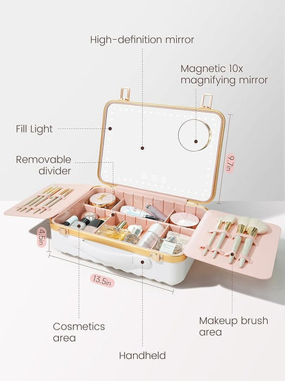 ROWNYEON Portable Travel Makeup Case With Light Up Mirror & Removable Divider - Train Case Organizer for Girls & Makeup Artist, Hairstylist - 10x Mirror (White)