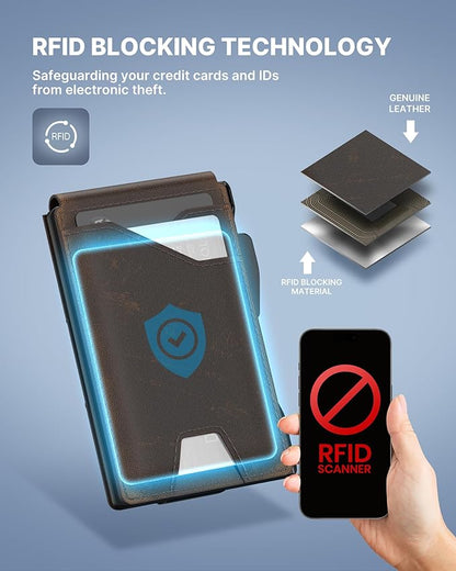 typecase Tactical Wallet for Men Card Holder: Pop Up Card Case, Full Grain Leather, Smart, RFID Blocking, Slim, Minimalist, Thin, Front Pocket - 10 Card Slots, ID Window, Money Clip (Burnished Black)