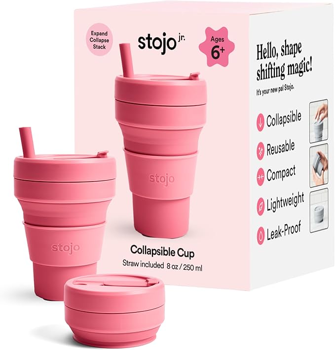 STOJO Collapsible Travel Cup - Reusable To-Go Pocket Size Silicone Bottle for Hot and Cold Drinks - Perfect for Camping - Microwave & Dishwasher Safe (Peony, 8 Ounce (Pack of 1))