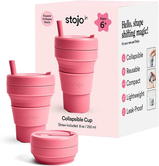 STOJO Collapsible Travel Cup - Reusable To-Go Pocket Size Silicone Bottle for Hot and Cold Drinks - Perfect for Camping - Microwave & Dishwasher Safe (Peony, 8 Ounce (Pack of 1))