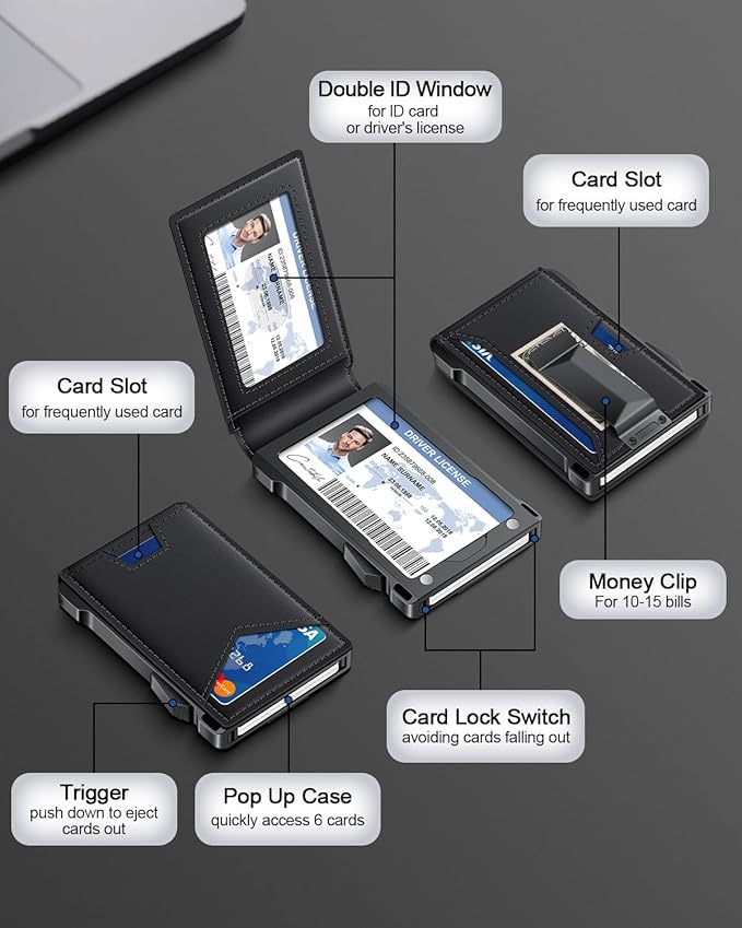 Wallet for Men RFID Wallet with 2 ID Windows & Money Clip, Slim Pop Up Card Holder for 10-12 Cards, Bifold Minimalist Smart Wallet for Front Pocket, Compact Metal Credit Card Holder, Gifts for Men