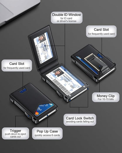Wallet for Men RFID Wallet with 2 ID Windows & Money Clip, Slim Pop Up Card Holder for 10-12 Cards, Bifold Minimalist Smart Wallet for Front Pocket, Compact Metal Credit Card Holder, Gifts for Men
