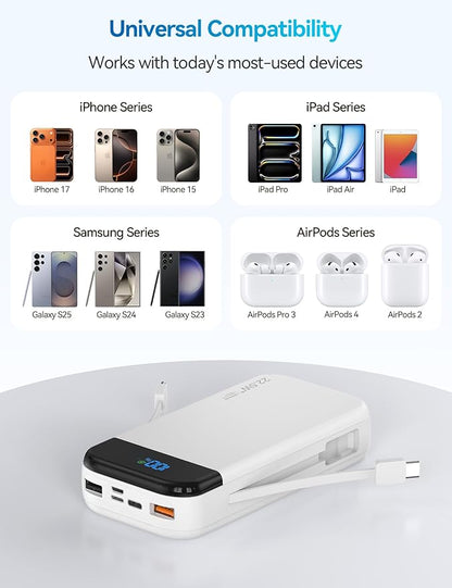 Portable Charger Power Bank 32000mAh with Built in Cables, PD3.0 USB C Fast Phone Charger, 5 Outputs LCD Display Travel Battery Pack Compatible with iPhone, Samsung All Cell Phones (White)