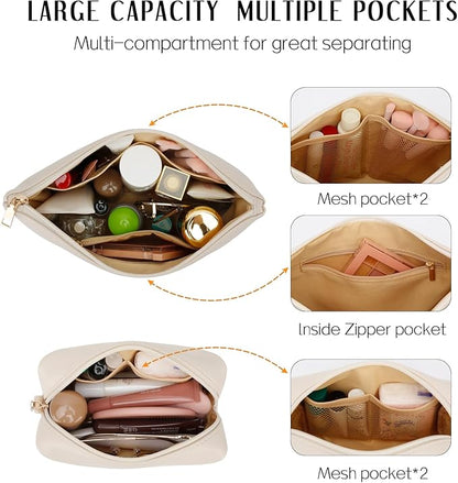 Women Gifts | Initial Makeup Bag Set for Girl Personalized Gifts for Bridesmaid Friend Graduation Teachers PU Leather Cosmetic Travel Toiletry Bag(Beige,S)