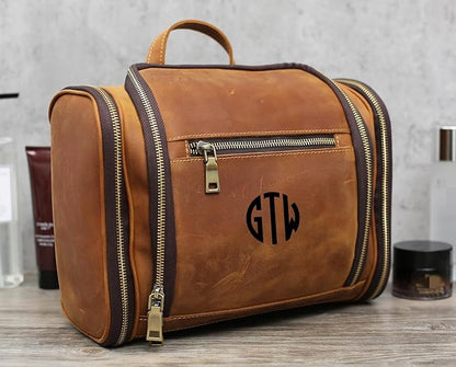 Personalized Leather Toiletry Bag for Men,Genuine Leather Toiletries Organizer,Travel Hanging Toiletry Bag Large Bathroom Shaving Kit Gifts for Dad,Husband,Boyfriend,Groomsmen,Golf,Birthday,Christmas