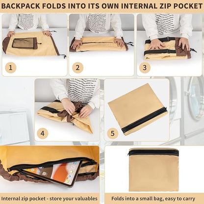 Laundry Bag Backpack with 3 Sizes Mesh Wash Bags and Shoulder Straps Foldable Clothes Hamper Bag with Drawstring Closure for College, Apartment, Laundromat (Brown)