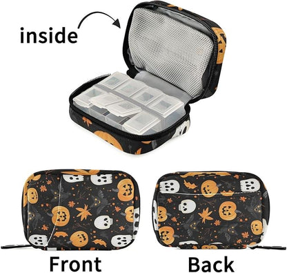 Pill Organizer Box Case Weekly Travel Pill Container Holder 7Day Cute Vitamin Organizer Dispenser Sorter Planner Storage Small Compact Halloween Skull and Pumpkin Black Cats16