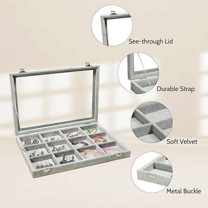 Stratalife Jewelry Holder Organizer Jewelry Organizer Box Bracelet Storage Velvet Jewelry Tray with Clear Lid Jewelry Drawer Organizer Jewelry Display Tray 12 Grid Grey