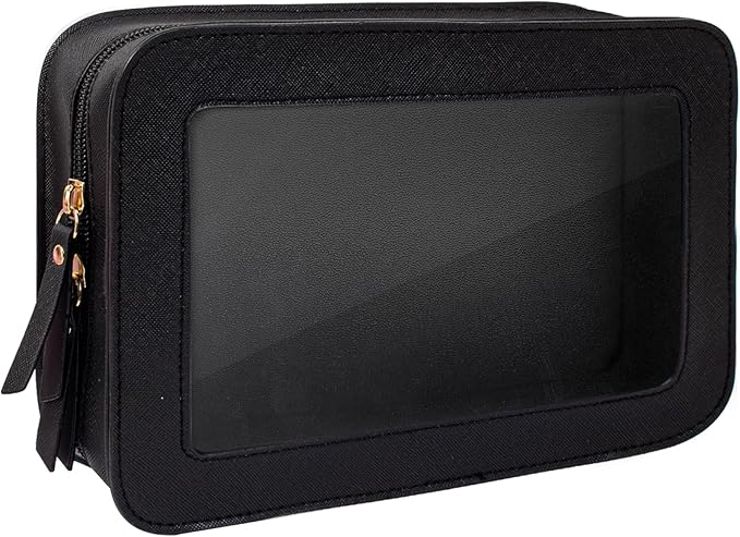 LETGO Clear Makeup Bag, Travel Cosmetic Case Toiletry Bag Make up Organizer Skincare Pouch for Women, Car Essentials Bag with Clear Windows (Black, Standard)