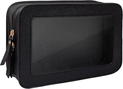 LETGO Clear Makeup Bag, Travel Cosmetic Case Toiletry Bag Make up Organizer Skincare Pouch for Women, Car Essentials Bag with Clear Windows (Black, Standard)