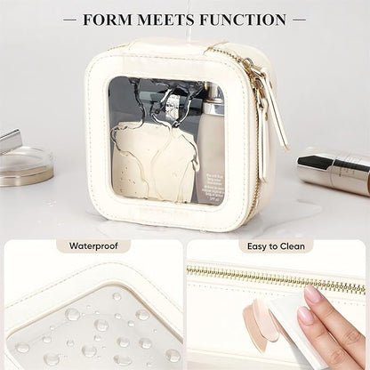 Clear Makeup Bag, Travel Toiletry Bag Cosmetic Case for Women, Waterproof Portable Small Make Up Skincare Pouch with Zipper, Compact Car Organizer Bag for Essentials, Mini Size, Ivory White
