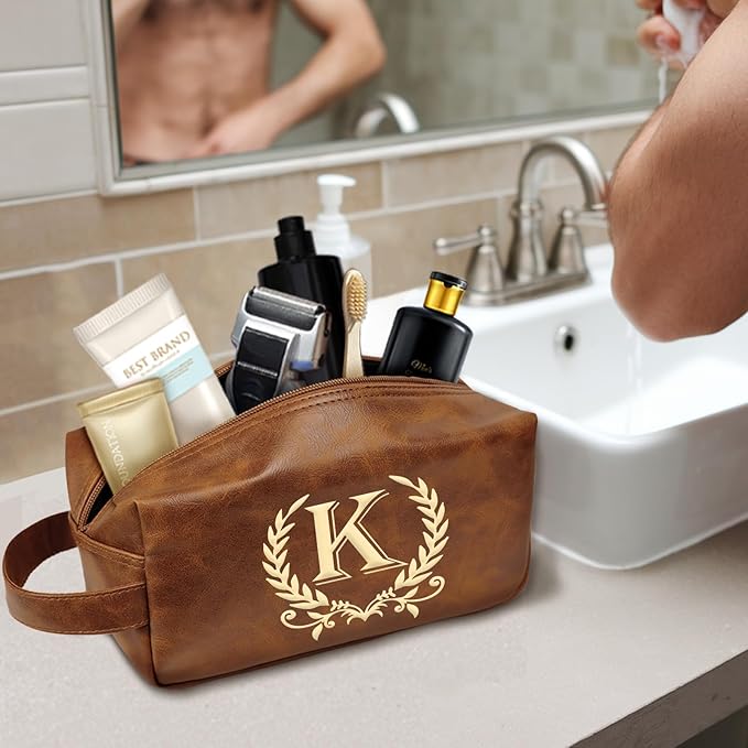 Personalized Toiletry Bag for Men Engraved Initial Leather Kit, Waterproof Travel Essentials Bag - DarkBrown(K)