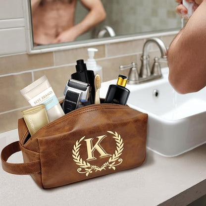 Personalized Toiletry Bag for Men Engraved Initial Leather Kit, Waterproof Travel Essentials Bag - DarkBrown(K)