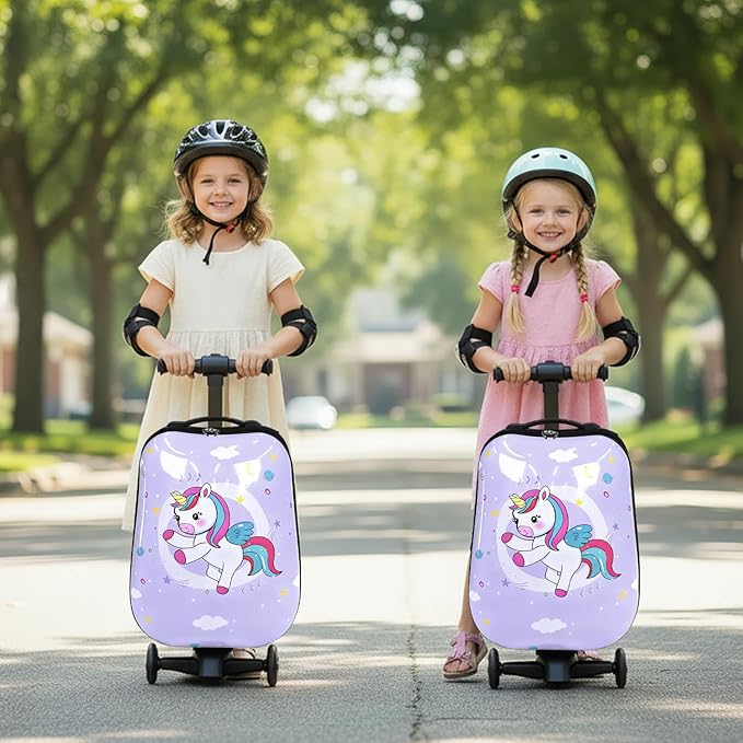 smilesun 4-in-1 Detachable Scooter Suitcase for Kids & Teenagers, Lightweight Hardside Ride-On Suitcase, Foldable Design, Perfect Travel Gift for Girls (Purple, 22-inch)