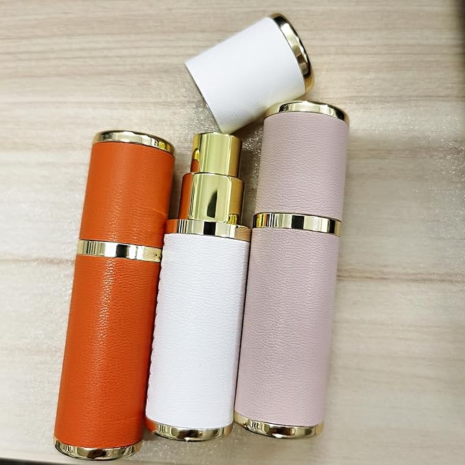 LUEXBOX 3 Pack Portable Perfume Bottle for Travel, Mini Refillable Perfume Dispenser, 5ml Faux Leather Leak Proof Perfume Atomizers Bottles Sprayer for Pocket Perfume (White, Pink, Orange)