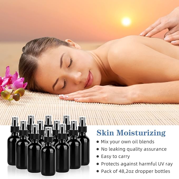2oz UV Resistant Glass Spray Bottle, Fine Mist Boston Glass Bottles with Black Fine Mist Sprayer Small Clear Bottles for Essential Oils, Bath, Beauty, Hair & Cleaning, Black, Pack of 48