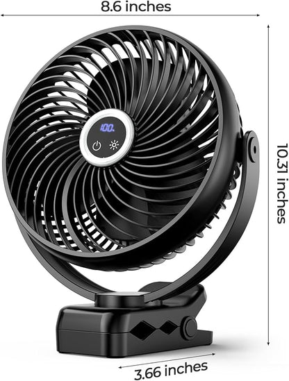 xasla 10000mAh Portable Clip On Fan With Light, 8 Inch Rechargeable Battery Operated Fan, 24H Long-last, Quiet Personal Camping Fan Digital Display, 3 Speed, 360° Rotate, for Gym Outdoor Travel