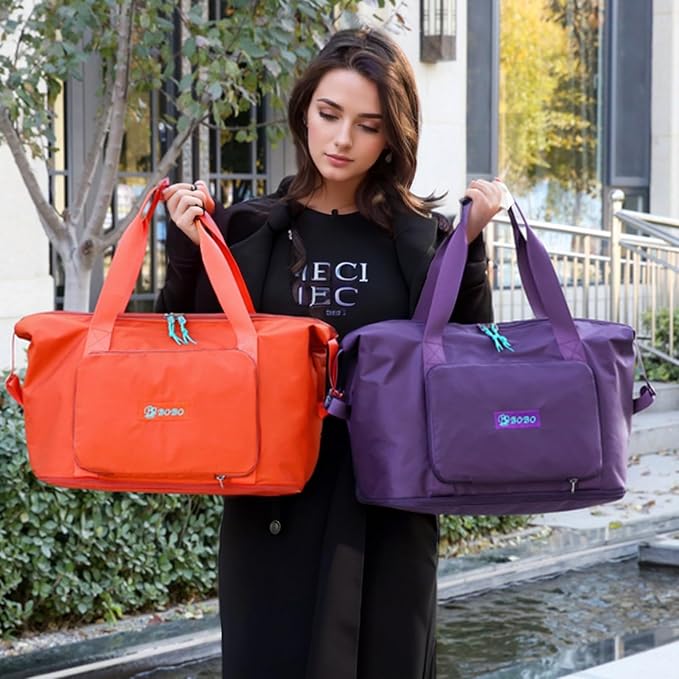Expandable Travel Duffle Bag for Women Men, Lightweight Foldable Travel Tote Bags Gym Bag, Large Waterproof Carry On Weekender Overnight Bag with Wet Pocket for Workout, Fitness, Shopping Purple