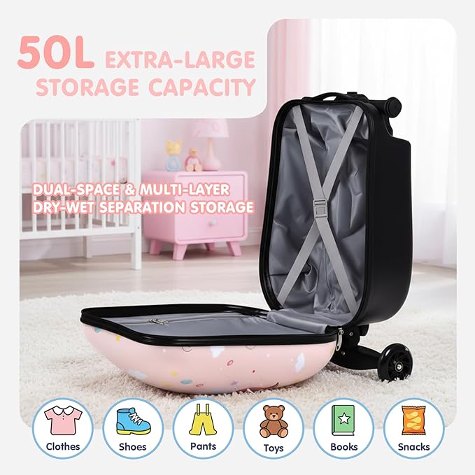 smilesun 4-in-1 Detachable Scooter Suitcase for Kids & Teenagers, Lightweight Hardside Ride-On Suitcase, Foldable Design, Perfect Travel Gift for Girls(Pink Cute Pony 22-inch)