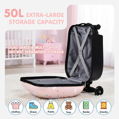 smilesun 4-in-1 Detachable Scooter Suitcase for Kids & Teenagers, Lightweight Hardside Ride-On Suitcase, Foldable Design, Perfect Travel Gift for Girls(Pink Cute Pony 22-inch)