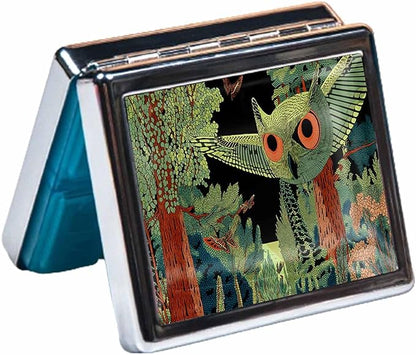 7 Days Chromed Shiny Silver Pill Organizer with Mirror Inside Has 8 Separate Compartments Rectangle,Versatile Storage for Medication - Ideal Travel Accessory (Green owl)