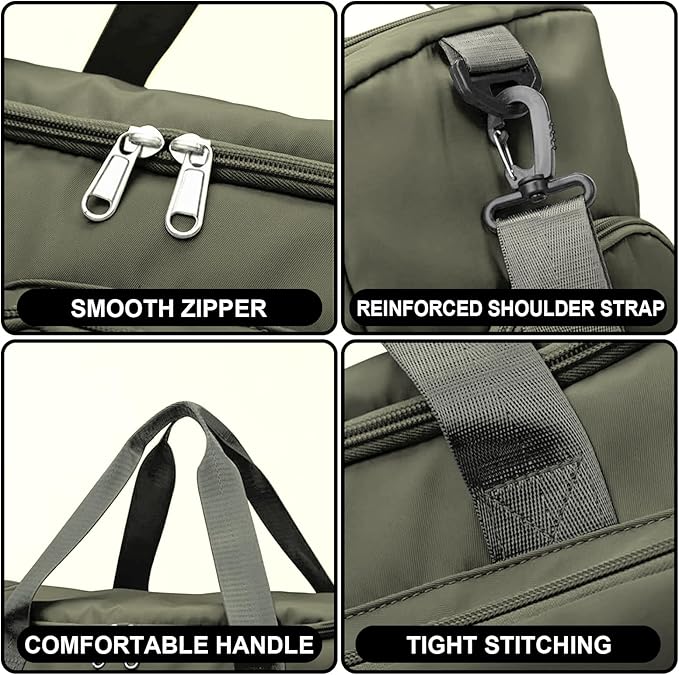 Gym Bag for Women Men, Travel Duffle Bag Large Capacity Carry On Weekender Bag With Shoe Compartment Gym Tote Dry Wet Separation Duffel Bag with Makeup Bag, Olive Green