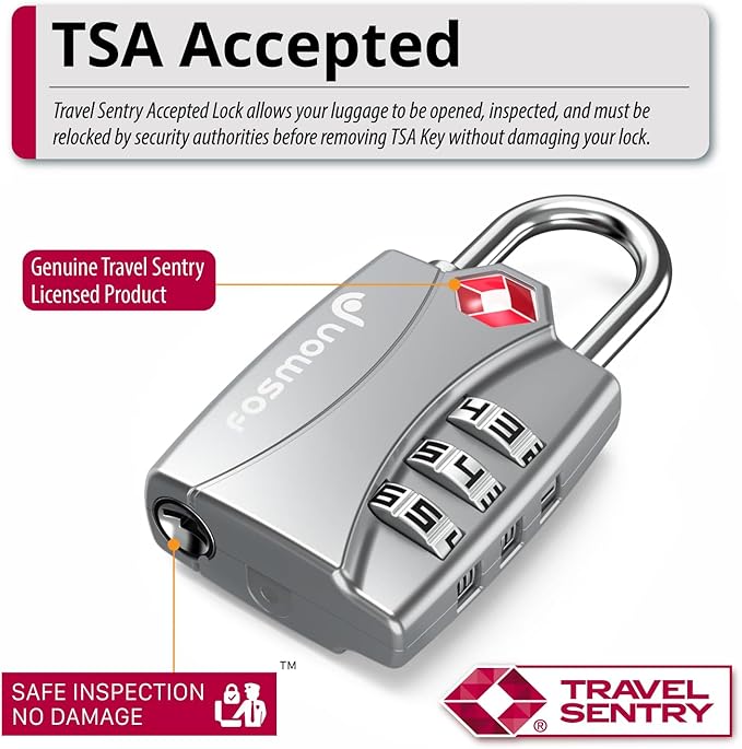 Fosmon TSA Approved Locks for Luggage. Suitcase Locks with Open Alert Indicator, 3 Digit Combination Padlock with Alloy Body for Travel, Backpack Zipper Anti Theft, Locker, Gym- Silver 2 Pack