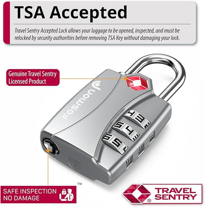 Fosmon TSA Approved Locks for Luggage. Suitcase Locks with Open Alert Indicator, 3 Digit Combination Padlock with Alloy Body for Travel, Backpack Zipper Anti Theft, Locker, Gym- Silver 2 Pack