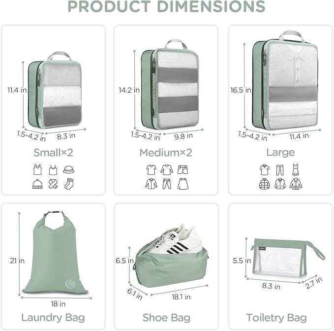 Cipway Compression Packing Cubes Mesh, Lightweight Luggage Organizer Bags with Laundry Bag,Toiletries Bag and Shoe Bag, Travel Essentials for Carry on Suitcase（8 Pcs,Sage Green）