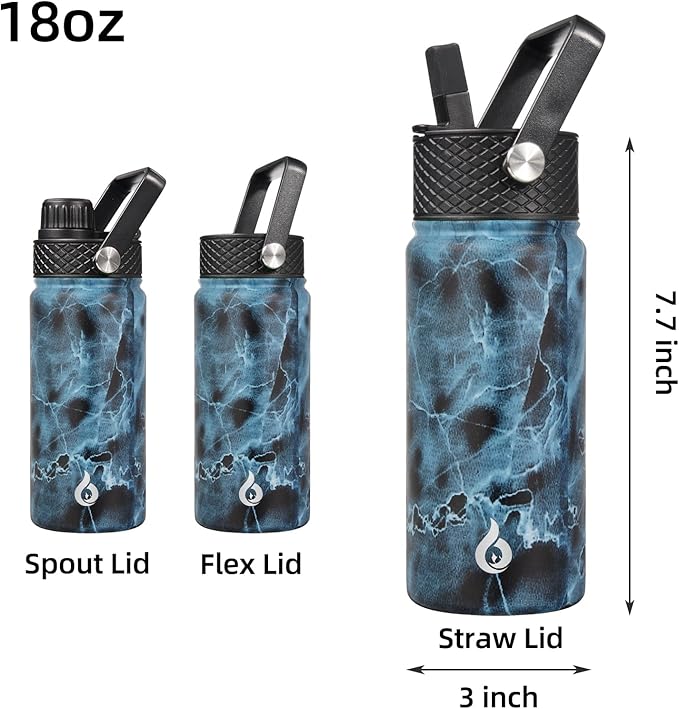 BJPKPK Insulated Water Bottles with Straw Lid, 18oz Stainless Steel Metal Water Bottle, Cold Hot Thermo with 3 Lids, Leak Proof BPA Free Travel Cup, Wide Mouth Flasks, Thermo-Ocean