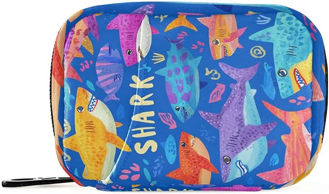 Colorful Bright Blue Sharks Travel Pill Organizer Case Box Container Weekly Portable Vitamin Medicine Holder Storage Bag with Zipper Removable