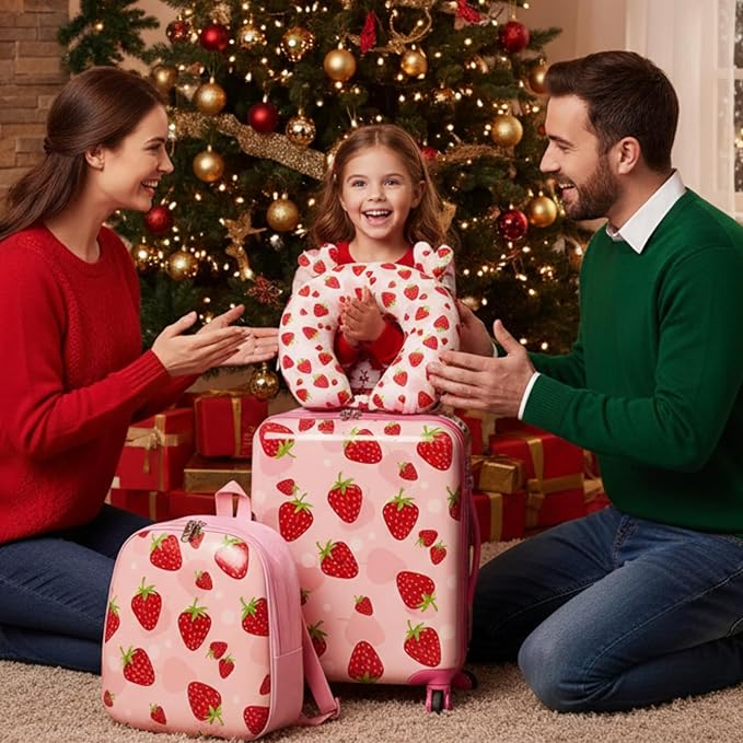 Sanwuta 4 Pcs Kids Luggage Set Backpack Travel Rolling Suitcase U-shape Pillow Christmas Children Gift for Girls Boys(17 Inch,Strawberry Style,Light Pink)