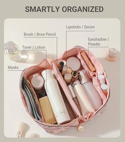 Aveniee Travel Makeup Bag for Women, Large Cosmetic Organizer with Open-Flat Design, Clear Divider & Handle - Waterproof PU Leather Toiletry Case (Floral Pattern)