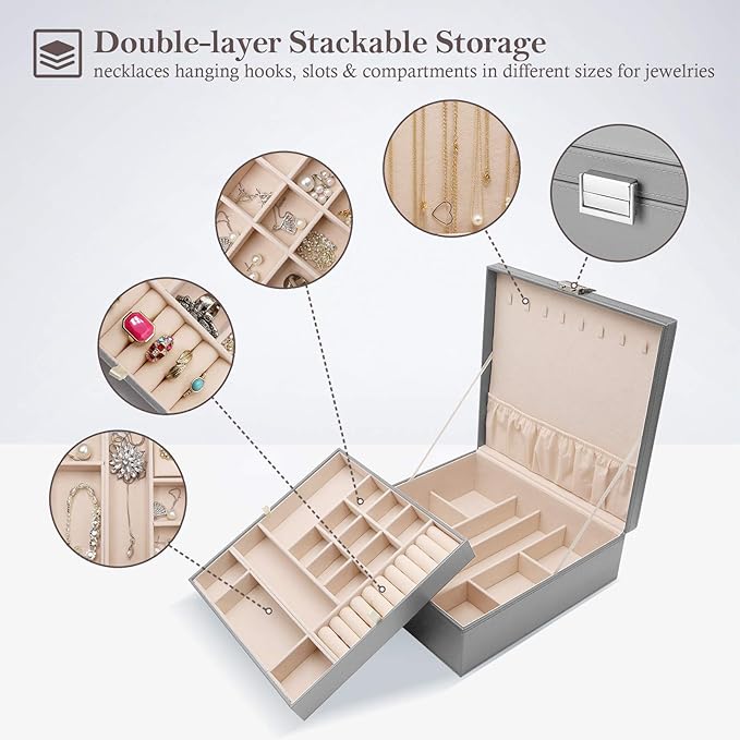 ProCase Jewelry Box for Women, 2 Layers Large Leather Jewelry Organizer Storage Case with Removable Pad for Earrings -Grey
