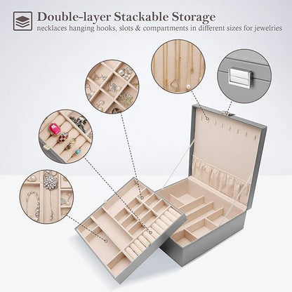 ProCase Jewelry Box for Women, 2 Layers Large Leather Jewelry Organizer Storage Case with Removable Pad for Earrings -Grey